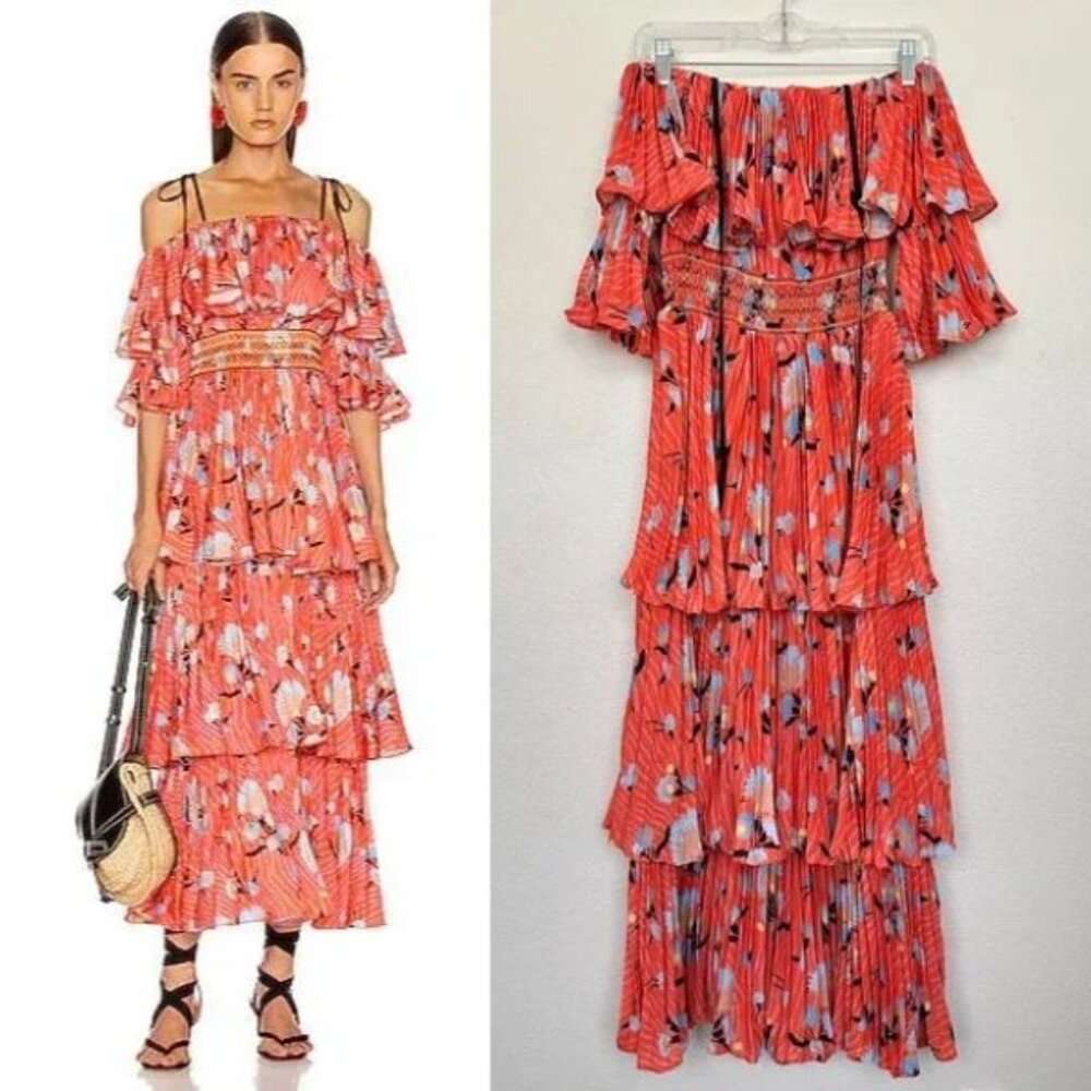 Self-Portrait Off Shoulder Pleated Ruffle Floral Tropical Midi Dress Orange Sz 0